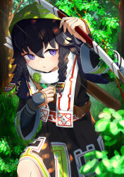 Rule 34 | ainu clothes, black hair, bow (weapon), braid, green headscarf, harrybyharry, headscarf, highres, holding, holding bow (weapon), holding weapon, non-web source, outdoors, pilika (rune factory), purple eyes, rune factory, rune factory: guardians of azuma, tagme, weapon