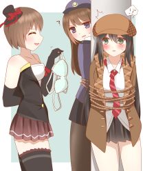 Rule 34 | !?, 3girls, :d, ?, ^^^, ^ ^, absurdres, arm behind back, black gloves, black hair, black hat, black skirt, black thighhighs, blue background, blue bra, blue eyes, blue hat, blue jacket, blush, bound, bow, bra, breasts, brown hair, brown hat, brown jacket, brown pantyhose, brown skirt, cabbie hat, closed eyes, clothes theft, collared shirt, diagonal-striped clothes, diagonal-striped necktie, dress shirt, elbow gloves, gloves, green eyes, hair between eyes, hat, hat bow, highres, holding, holding bra, holding underwear, holding unworn clothes, jacket, long hair, medium breasts, mini hat, mini top hat, multiple girls, necktie, non (wednesday-classic), open mouth, original, pantyhose, parted lips, phantom thief, pleated skirt, pole, police, police hat, police uniform, policewoman, profile, red bow, red necktie, restrained, rope, shirt, skirt, smile, spoken interrobang, strapless, striped clothes, sweat, theft, thighhighs, tied up (nonsexual), tilted headwear, top hat, two-tone background, underwear, underwear theft, unworn bra, v-shaped eyebrows, very long hair, white background, white shirt