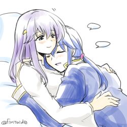1boy 1girl blue_hair breasts brother_and_sister circlet closed_eyes cuddling fire_emblem fire_emblem:_genealogy_of_the_holy_war hand_on_another&#039;s_back hug julia_(fire_emblem) long_hair medium_breasts nintendo open_mouth ponytail purple_hair seliph_(fire_emblem) siblings simple_background smile yukia_(firstaid0)