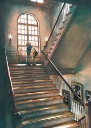 1other 2boys baby backpack bag carrying_baby carrying_person commentary_request denim full_body grey_hair indoors jacket jeans kobone_awaki light light_particles multiple_boys original painting_(object) pants stairs wall_lamp window