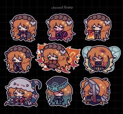 1girl aqua_hair ardor_blossom_star_(e.g.o) black_background black_bow black_dress blind_obsession_(e.g.o) bow brown_coat brown_hairband bygone_days_(e.g.o) cape capote_(e.g.o) chesedfever christmas_nightmare_(e.g.o) closed_mouth coat dress e.g.o_(project_moon) fairy_wings gradient_hair green_eyes grid_background hair_bow hairband highres hundred-footed_death_maggot_(e.g.o) ishmael_(project_moon) limbus_company long_hair looking_at_viewer multicolored_hair multiple_views neckerchief open_mouth orange_hair pink_eyes project_moon red_cape rope roseate_desire_(e.g.o) sidelocks sleeves_past_fingers sleeves_past_wrists smile snagharpoon_(e.g.o) tentacles very_long_hair white_bow wingbeat_(e.g.o) wings