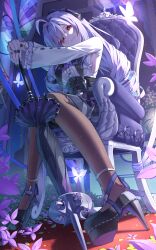 1girl absurdres black_nails black_shoes breasts brown_pantyhose center_frills closed_mouth drill_hair frills high_heels highres indoors long_hair long_sleeves looking_at_viewer maeru mole mole_under_eye multicolored_hair on_chair pantyhose patterned_legwear pointy_ears purple_hair red_eyes shoes sideboob sitting smile solo streaked_hair umbrella vivian_banshee white_hair zenless_zone_zero