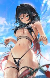 1girl absurdres alternate_costume animal_ears bare_shoulders bikini black_bikini black_hair blue_sky blurry blurry_foreground breasts closed_mouth commentary cowboy_shot crab day english_commentary green_eyes highleg highleg_bikini highres jane_doe_(zenless_zone_zero) long_hair looking_at_viewer medium_breasts meltyrice mouse_ears mouse_girl mouse_tail multicolored_hair navel outdoors red_hair sharp_tail sky smile solo stomach strap_pull swimsuit tail thighs two-tone_hair underboob zenless_zone_zero