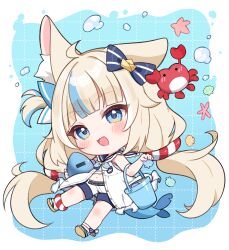 1girl :d absurdres ahoge air_bubble animal_ear_fluff animal_ears bare_arms bare_legs blonde_hair blue_background blue_eyes blue_hair blue_nails blunt_bangs blush bow bubble bucket cat_ears chibi chibi_only commentary dress fang fins fish_tail hair_bow highres indie_virtual_youtuber innertube_hair_ornament kaniki_(sameko_saba) long_hair low_twintails midriff multicolored_hair nail_polish navel one_side_up open_clothes open_dress open_mouth sameko_saba sameko_saba_(fish) seashell shell short_shorts shorts simple_background skin_fang sleeveless sleeveless_dress smile solo starfish streaked_hair tail twintails two-tone_hair very_long_hair virtual_youtuber white_dress yuni_(irohasuiroiro)