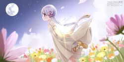 Rule 34 | 1girl, artist name, backlighting, bare shoulders, blunt bangs, coeiroink, commentary request, copyright name, dress, dutch angle, emia (castilla), field, flare, floating clothes, floating hair, flower, flower field, from side, full moon, furisode sleeves, gladiator sandals, gold sandals, grey eyes, grey hair, looking ahead, moon, official alternate costume, official art, outdoors, petals, profile, sandals, sky, smile, solo, standing, standing on one leg, star (sky), starry sky, sunlight, tsukuyomi-chan, twintails, white dress
