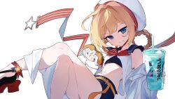 absurdres azur_lane blonde_hair blue_eyes carternanmen closed_mouth crossed_legs cup disposable_cup eating food food_on_face hair_intakes hair_rings hands_up hat highres looking_at_viewer midriff navel petite short_hair soda stephen_potter_(azur_lane) stomach taco taco_bell white_hat