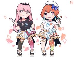 Rule 34 | 2girls, asymmetrical legwear, beret, black shirt, black thighhighs, blue bow, blunt bangs, boots, bow, bow skirt, character badge, crown, death-sensei (mori calliope), earrings, feather earrings, feathers, frilled thigh strap, gold trim, gradient legwear, hat, hat bow, hayate fish, highres, hololive, hololive english, jewelry, kotori (takanashi kiara), layered skirt, long hair, mismatched legwear, mori calliope, multiple girls, orange hair, orange legwear, pink eyes, pink hair, pink legwear, shirt, sidelocks, single thighhigh, skirt, smile, t-shirt, takanashi kiara, thigh strap, thighhighs, virtual youtuber, white bow, white footwear, white headwear, white shirt, white skirt