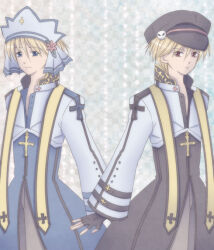 2boys arch_bishop_(ragnarok_online) black_coat black_gloves black_hat blonde_hair blue_coat blue_eyes closed_mouth coat commentary_request cowboy_shot cropped_jacket cross cross_necklace dated_commentary fingerless_gloves gloves green_background hat hat_ornament headdress jacket jewelry long_sleeves looking_at_viewer male_focus multiple_boys necklace newsboy_cap ragnarok_online red_eyes sharari short_hair skull_hat_ornament smile white_jacket