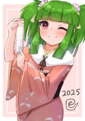 1girl 2025 ;) absurdres beatmania_iidx bemani black_bow black_sash blush bow cowboy_shot flat_chest floral_print floral_print_kimono flower fluff green_hair hair_flower hair_ornament hair_tie hama_(daisekken) highres hishimiya_tsugaru holding holding_omikuji japanese_clothes kimono looking_at_viewer obiage omikuji one_eye_closed pink_kimono print_kimono red_eyes sash simple_background smile standing two_side_up
