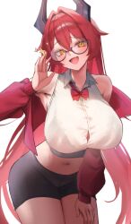 1girl absurdres armpits bare_shoulders black_shorts blush bow bowtie bra breasts button_gap buttons cleavage collared_shirt commentary_request crop_top cropped_sweater crossed_bangs fang glasses goddess_of_victory:_nikke hair_between_eyes hair_intakes halter_shirt halterneck hand_on_own_thigh hand_up head_tilt highres large_breasts leaning_forward long_hair long_sleeves looking_to_the_side maviss_03 navel off_shoulder open_mouth paid_reward_available red_bow red_bowtie red_hair red_hood_(nikke) see-through_clothes see-through_shirt semi-rimless_eyewear shirt shorts simple_background skin_fang sleeveless sleeveless_shirt smile solo sparkle standing stomach thighs underwear very_long_hair white_background white_shirt yellow_eyes