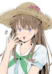 +++ 1girl absurdres blush breast_pocket brown_hair brown_hat check_commentary collarbone commentary_request dress fujishima_megumi green_neckerchief hand_up hasu_no_sora_school_uniform hat highres link!_like!_love_live! long_hair looking_at_viewer love_live! neckerchief open_hand open_mouth pocket puffy_short_sleeves puffy_sleeves purple_eyes sailor_collar sailor_dress school_uniform short_sleeves simple_background smile solo straw_hat summer_uniform tommer two_side_up virtual_youtuber white_background white_dress white_sailor_collar