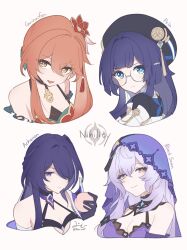 4girls acheron_(honkai:_star_rail) bare_shoulders beret black_choker black_hat black_swan_(honkai:_star_rail) blue_eyes blue_hair breasts bright_pupils choker cleavage food fruit glasses guinaifen_(honkai:_star_rail) halterneck hat highres holding holding_food holding_fruit honkai:_star_rail honkai_(series) long_hair multiple_girls orange_hair peach pela_(honkai:_star_rail) pumu_(pumu_co29) purple_eyes purple_hair round_eyewear simple_background veil white_pupils yellow_eyes
