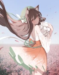 1girl absurdres animal_ears backless_shirt bare_shoulders brown_eyes brown_hair gradient_clothes gradient_skirt green_hat hat highres long_hair long_skirt looking_back orange_skirt original petals seorang shirt skirt sky solo very_long_hair virtual_youtuber white_shirt white_skirt wide_sleeves