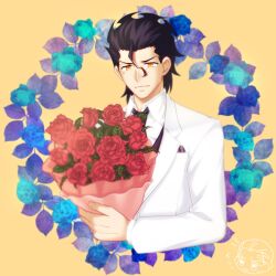 2boys anger_vein black_hair black_necktie bouquet chibi chibi_inset commentary_request diarmuid_ua_duibhne_(fate) diarmuid_ua_duibhne_(lancer)_(fate) fate/zero fate_(series) flower formal_clothes hisohiso_(altoblue) holding holding_bouquet jacket kayneth_el-melloi_archibald multiple_boys necktie orange_eyes red_flower red_rose rose solo_focus suit white_jacket white_suit