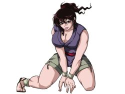 00s 1girl ankle_wrap basilisk_(manga) breasts brown_hair cleavage female_focus grin japanese_clothes large_breasts official_art okoi ponytail sandals segawa_masaki shorts smile solo squatting