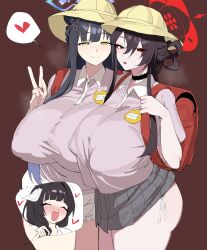 3girls absurdres backpack bag black_hair blood blue_archive blue_halo blush breasts closed_eyes closed_mouth covered_erect_nipples female_sensei_(blue_archive) green_eyes grey_skirt halo hat heart highres huge_breasts kindergarten_uniform kokuriko_(blue_archive) long_hair looking_at_viewer multiple_girls nosebleed open_mouth pink_shirt randoseru red_eyes red_halo school_hat sensei_(blue_archive) shirt short_sleeves shun_(blue_archive) skirt smile spoken_character spoken_heart v xipa yellow_hat