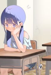 1girl blue_eyes blue_shorts blush chair desk eraser hair_ornament hand_on_own_cheek hand_on_own_face hayakawa_sena_(pei_iriya) highres indoors long_hair off_shoulder on_chair original parted_lips pei_iriya purple_hair school_desk shirt shorts sitting solo twintails white_shirt