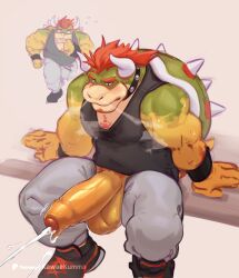 1boy absurdres bara black_tank_top bowser chest_hair commentary cum ejaculation english_commentary erection facial_hair foreskin_insertion furry furry_male goatee highres horns huge_penis huge_testicles kawaakumma male_focus mario_(series) multiple_views muscular muscular_male nintendo pants penis penis_out red_hair reptile_boy running sitting solo sound_effects spiked_shell sweat sweatpants tank_top testicles variant_set veins veiny_penis wristband
