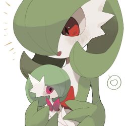 blush bob_cut colored_skin gardevoir gen_3_pokemon green_hair green_skin hair_over_one_eye highres mega_gardevoir mega_pokemon mmmggom multicolored_skin nintendo pokemon pokemon_(creature) red_eyes simple_background stuffed_toy two-tone_skin white_background white_skin