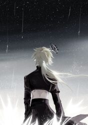 1boy aotu_world black_jacket black_pants black_shirt chinese_commentary cowboy_shot crop_top cropped_jacket facing_away from_behind green_hair halo highres jacket long_hair long_sleeves low_ponytail male_focus midriff night night_sky pants ponytail shirt sky solo standing star_(sky) starry_sky xander_(aotu_world) xw_ji_ben_yuan_li_gailun