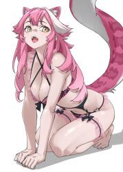 1girl animal_ears animal_print bare_shoulders black_bow black_garter_belt bow bra breasts commentary extra_ears fang frilled_thigh_strap garter_belt highres hololive hololive_english large_breasts leaning_forward leopard_print leopard_print_bra leopard_print_panties long_hair multicolored_hair open_mouth panther_ears panther_girl panther_tail panties pink_bra pink_hair pink_panties raora_panthera seiza simple_background sitting solo streaked_hair tail tanabe_(fueisei) teeth thigh_strap thighs tongue two-tone_hair underwear upper_teeth_only virtual_youtuber white_background yellow_eyes