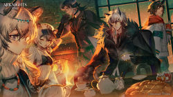 2girls 3boys :d ;o animal_ear_fluff animal_ears arknights arm_behind_head arm_up armband armpit_crease bandeau bare_shoulders bead_necklace beads belt black_bandeau black_belt black_cape black_gloves black_jacket black_pants black_shirt black_shorts blue_eyes blush braid breasts brick_wall brother_and_sister brown_eyes brown_hair newsboy_cap cape checkered_clothes checkered_hat cliffheart_(arknights) closed_mouth commentary_request copyright_name couch courier_(arknights) cow_boy cow_ears cow_horns cowboy_shot cup deer_ears drawstring dress earrings fingerless_gloves fireplace food fur-trimmed_cape fur_trim gloves goggles goggles_on_head grey_eyes hair_between_eyes hand_up hat head_chain holding holding_cup horns indoors infection_monitor_(arknights) jacket jacket_on_shoulders jewelry leopard_ears leopard_girl leopard_tail long_hair long_sleeves looking_at_viewer matterhorn_(arknights) mebaru medium_hair midriff multiple_boys multiple_girls navel necklace necktie official_art one_eye_closed open_mouth pants parted_lips pie plate pramanix_(arknights) red_gloves red_scarf scarf shirt short_hair shorts siblings side_braids sidelocks silverash_(arknights) single_fingerless_glove sisters sitting sleeveless_duster small_breasts smile snowing standing steam sugar_cube table tail tea teacup teapot teeth turtleneck turtleneck_dress twin_braids underbust upper_body upper_teeth_only watermark white_hair white_jacket white_shirt window