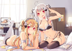 2girls absurdres ahoge arm_at_side ass bad_id bad_pixiv_id bed bed_sheet bedroom black_bow black_bra black_choker black_legwear black_ribbon blonde_hair blush bow bow_bra bra breasts chair choker closed_mouth collarbone commentary_request curtains desk desk_lamp eyelashes fang fang_out frilled_bra frilled_panties frilled_thigh_strap frills hair_between_eyes hair_ornament hairband hand_up heart heart_ahoge highres indoors lamp lolita_hairband long_hair looking_at_viewer lying medium_breasts monitor multiple_girls navel niliu_chahui office_chair on_bed on_stomach open_mouth original panties pillow purple_bra recursion red_eyes ribbon salute seiza siblings side-tie_panties sidelocks silver_hair sisters sitting skin_fang small_breasts smile speaker stomach swivel_chair thigh_strap thighhighs thighs tokisaki_asaba_(niliu_chahui) tokisaki_mio_(niliu_chahui) topless_female twintails two_side_up underwear underwear_only v very_long_hair wet white_bra white_legwear white_panties window x_hair_ornament