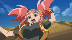 Rule 34 | 1girl, breasts, dinosaur king, falling, female focus, goggles, jacket, large breasts, pink hair, purple eyes, screencap, tatsuno malm