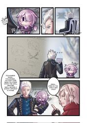 chibi dante_(devil_may_cry) devil_may_cry_(series) devil_may_cry_5 highres hololive koseki_bijou long_hair seapupu short_hair vergil&#039;s_chair_(meme) vergil_(devil_may_cry) virtual_youtuber