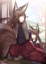 2girls absurdres amagi-chan_(azur_lane) amagi_(azur_lane) animal_ear_fluff animal_ears azur_lane bodystocking breasts brown_hair brown_tail fine_fabric_emphasis fox_ears fox_girl fox_tail haori highres japanese_clothes kimono kitsune kneeling kyuubi large_breasts long_hair looking_at_viewer looking_back mother_and_daughter multiple_girls multiple_tails purple_eyes purple_kimono red_haori samip tail