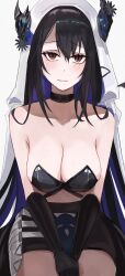 1girl absurdres bare_shoulders black_bra black_choker black_gloves black_hair black_skirt blue_hair bow bra breasts canvas_sensei choker cleavage cloak collarbone demon_horns gloves highres hololive hololive_english hood hood_up hooded_cloak horns jailbird_(nerissa_ravencroft) large_bow multicolored_hair nerissa_ravencroft on_lap red_eyes simple_background sitting skirt sweat two-tone_hair underwear virtual_youtuber white_background white_cloak