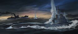 abe_yasushi_(umizoi_tibet) battle cloud cloudy_sky horizon k-3_(submarine) naval_battle no_humans original ship sky smokestack soviet_navy submarine surfacing wake_(wave) water watercraft