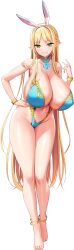 Rule 34 | 1girl, absurdres, alistine mi rosiel, animal ear hairband, animal ears, anklet, arm up, bikini, blonde hair, blue bikini, blue brooch, blue choker, bracelet, braid, breasts, choker, cleavage, clenched teeth, covered erect nipples, derauea, diamond brooch, elf, fake animal ears, game cg, gold bracelet, gold trim, green eyes, hairband, half up braid, hand on own hip, highres, huge breasts, jewelry, leaning forward, light blush, long hair, long pointy ears, looking at viewer, motto! haramase! honoo no oppai isekai oppai bunny gakuen!, navel, non-web source, official art, pointy ears, rabbit ear hairband, rabbit ears, sidelocks, smile, star (symbol), star in eye, swimsuit, symbol in eye, tachi-e, teeth, thong bikini, transparent background, very long hair, white hairband