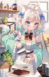 1girl animal_ears apron blue_eyes blurry blurry_background blush bow bowtie brown_bow brown_bowtie candy cat_ears chocolate chocolate_bar coffee_bag commentary cup detached_sleeves dress english_commentary food gradient_hair green_dress green_eyes green_hair green_sleeves highres holding holding_cup indie_virtual_youtuber indoors kuri_(animejpholic) long_sleeves looking_at_viewer maid_headdress mint_fantome mint_fantome_(minto_2.0) multicolored_hair plant potted_plant pouring solo striped_clothes striped_dress sugar_cube teacup two_side_up upper_body vertical-striped_clothes vertical-striped_dress waist_apron watermark white_apron white_hair window wisps_(mint_fantome)
