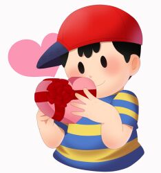 bad_tag black_hair blush box box_of_chocolates child gift hat heart-shaped_box mother_(series) mother_2 ness_(mother_2) nintendo red_hat shirt shota sjsj_10 smile striped_clothes striped_shirt super_smash_bros. valentine