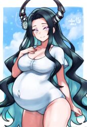 1girl artist_name big_belly black_hair blue_hair border breasts casual_one-piece_swimsuit cleavage closed_mouth collarbone colored_inner_hair covered_navel cowboy_shot demon_horns flower hand_on_own_chest highres hololive hololive_english horn_flower horns large_breasts long_hair looking_at_viewer malpha_ravencroft mole mole_under_each_eye mole_under_eye multicolored_hair multiple_moles one-piece_swimsuit outie_navel outside_border pink_eyes pregnant rotomdocs smile solo split_mouth standing swimsuit two-tone_hair very_long_hair virtual_youtuber white_border white_flower white_one-piece_swimsuit
