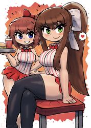 2girls absurdres black_thighhighs blue_eyes blush bow bowtie breasts brown_hair burger crossed_legs cup doki_doki_literature_club drinking_straw green_eyes grin hair_bow hair_ribbon hand_on_own_hip heart highres holding holding_tray large_breasts long_hair looking_at_viewer medium_breasts monika_(doki_doki_literature_club) multiple_girls orange_background ponytail red_bow red_bowtie red_skirt ribbon sayori_(doki_doki_literature_club) shirt short_hair sidelocks sitting skirt sleeveless sleeveless_shirt smile sparkle speech_bubble spoken_heart standing teeth thick_thighs thighhighs thighs tony_welt tray waitress white_ribbon white_shirt wide_hips