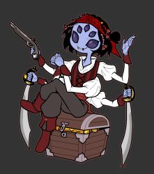 1girl acenth arthropod_girl bandana black_hair black_sclera brown_footwear brown_vest bug coin colored_sclera colored_skin commentary crossed_legs dual_wielding english_commentary extra_arms extra_eyes fangs gold_coin grey_background gun hand_up holding holding_gun holding_sword holding_weapon insect_girl long_sleeves looking_at_viewer monster_girl muffet puffy_long_sleeves puffy_sleeves purple_skin red_bandana shirt silk simple_background sitting smile solo spider spider_girl spider_web sword treasure_chest undertale vest weapon white_shirt