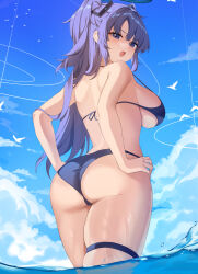 1girl :o absurdres ass back bikini bird blue_archive blue_bikini blue_sky breasts cloud commentary_request day from_behind halo hands_on_own_hips highres large_breasts long_hair looking_at_viewer looking_back nacho_(nacho_1103) outdoors purple_eyes purple_hair sideboob sky solo strap_gap swimsuit thigh_strap two_side_up underboob v-shaped_eyebrows very_long_hair wading water yuuka_(blue_archive)