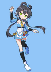 Rule 34 | 1girl, asymmetrical legwear, bare shoulders, black socks, black thighhighs, blue background, blue shoes, chinese commentary, detached sleeves, full body, green eyes, grey hair, hair ornament, hair rings, highres, long hair, looking at viewer, luo tianyi, luo tianyi v3, open mouth, pleated skirt, pointzhu, shoes, short hair with long locks, simple background, skirt, smile, socks, solo, standing, standing on one leg, thighhighs, twintails, uneven legwear, vocaloid, vsinger (vocaloid), white shoes