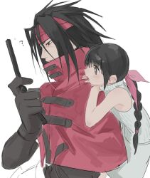 1boy 1girl ? bare_shoulders black_gloves black_hair braid braided_ponytail brown_eyes cape cellphone child cloak commentary_request final_fantasy final_fantasy_vii final_fantasy_vii_advent_children flip_phone from_side gloves hair_ribbon hand_on_another&#039;s_shoulder headband highres holding holding_phone long_hair marlene_wallace phone pink_ribbon red_cape red_cloak red_eyes red_headband ribbon simple_background skirt sleeveless sleeveless_turtleneck spiked_hair sweater turtleneck turtleneck_sweater upper_body vani_(hisha_04) vincent_valentine white_skirt white_sweater