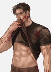 Rule 34 | 1boy, abs, black pants, black shirt, blood, blood on arm, blood on face, brown eyes, clothes lift, commentary request, covered mouth, covering own mouth, cowboy shot, curtained hair, def00 0, golden kamuy, groin, highres, korean commentary, lifting own clothes, looking to the side, male focus, multiple scars, navel, pants, parted hair, scar, scar on arm, scar on face, scar on stomach, shirt, shirt lift, short sleeves, sideways glance, simple background, solo, sugimoto saichi, t-shirt, toned, toned male, white background