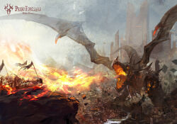army battle blue_sky breath_weapon breathing_fire cancer_(zjcconan) castle city cliff commentary_request copyright_name day debris dragon fire flag holding holding_flag knight outdoors pixiv_fantasia pixiv_fantasia_fallen_kings river scenery shield sky smoke tongue