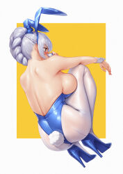 1girl animal_ears ass blue_footwear blue_leotard braid breasts fake_animal_ears fake_tail from_behind full_metal_panic! grey_eyes grey_hair high_heels highleg highleg_leotard highres large_breasts leotard long_hair pantyhose playboy_bunny qingmingtongzi rabbit_ears rabbit_tail solo strapless strapless_leotard tail teletha_testarossa white_pantyhose wrist_cuffs