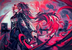 1girl black_coat black_shirt bngb_love breasts coat collared_shirt e.g.o_(project_moon) gebura_(project_moon) grey_eyes heterochromia highres large_breasts library_of_ruina long_hair long_sleeves mimicry_(e.g.o) parted_bangs ponytail project_moon red_hair scar scar_on_face shirt sidelocks smoking solo standing upper_body very_long_hair yellow_eyes