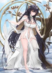 Rule 34 | 1girl, absurdly long hair, absurdres, artist name, azur lane, black hair, dress, emmetspeed, flower, gloves, green eyes, hair flower, hair on horn, hair ornament, half gloves, highres, horns, indomitable (azur lane), long hair, mixed-language commentary, shoes, sleeveless, sleeveless dress, solo, thighhighs, very long hair, white dress, white flower, white gloves, white shoes, white thighhighs
