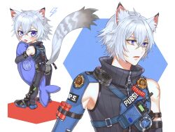1boy animal_ears blue_eyes cat_boy cat_ears cat_tail hair_between_eyes highres holding holding_stuffed_toy izuru03 looking_at_viewer looking_to_the_side open_mouth scar scar_on_shoulder seth_lowell short_hair simple_background stuffed_toy tail tongue tongue_out white_background white_hair zenless_zone_zero