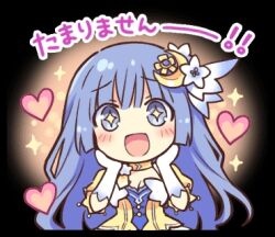 1girl blue_eyes blue_hair blush breasts chibi cleavage crescent crescent_hair_ornament date_a_live dress elbow_gloves flower gloves hair_flower hair_ornament heart izayoi_miku long_hair lowres official_art open_mouth smile solo sparkle sparkling_aura sparkling_eyes third-party_source yellow_dress
