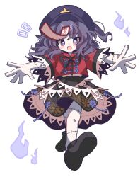 1girl :d black_ribbon black_shoes black_skirt blush chinese_clothes colored_skin commentary fang floral_print full_body furiba_794 grey_skin hat hat_ornament highres jiangshi lace-trimmed_sleeves lace_trim looking_at_viewer medium_hair miyako_yoshika neck_ribbon newsboy_cap ofuda open_mouth outstretched_arms petticoat print_skirt purple_eyes purple_hair purple_hat red_shirt ribbon shirt shoes short_sleeves simple_background skirt smile solo star_(symbol) star_hat_ornament stitches tangzhuang touhou white_background zombie_pose