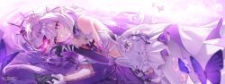 Rule 34 | 1girl, asymmetrical gloves, bare shoulders, black tiara, bright pupils, bug, butterfly, castorice (honkai: star rail), dalmyang, dress, elbow gloves, gloves, highres, honkai: star rail, honkai (series), insect, legwear cutout, long hair, looking at viewer, lying, on side, pantyhose, parted lips, pointy ears, purple butterfly, purple eyes, purple gloves, purple hair, revision, signature, solo, tiara, uneven gloves, water, white dress, white pantyhose, white pupils